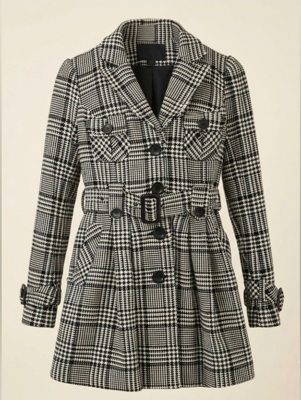 Houndstooth Black and White Plaid Peacoat Jacket Notch Collar Belted Waist S/M